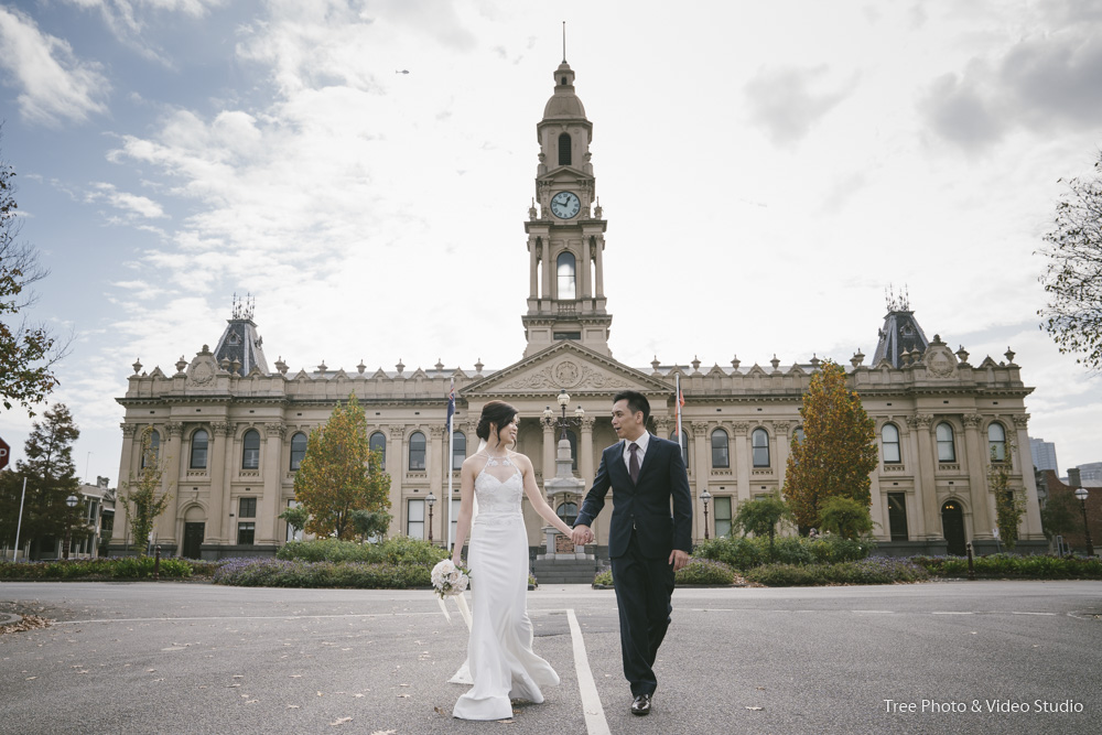 Melbourne wedding photographer of Pre-wedding Photoshoot at South Melbourne Town Hall